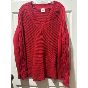 Cabi Red V Neck Cable Knit Sweater Women's Size L Cotton Blend Chunky Valentines